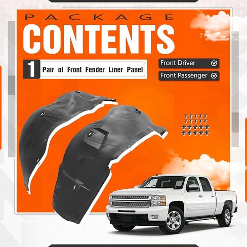 ECOTRIC Front Fender Liner Panel W/Clips Compatible with 2007-2013 Chevrolet Silverado 1500, Inner Wheel Liner Splash Shields Guard Plastic(PE) Black in Saudi Arabia