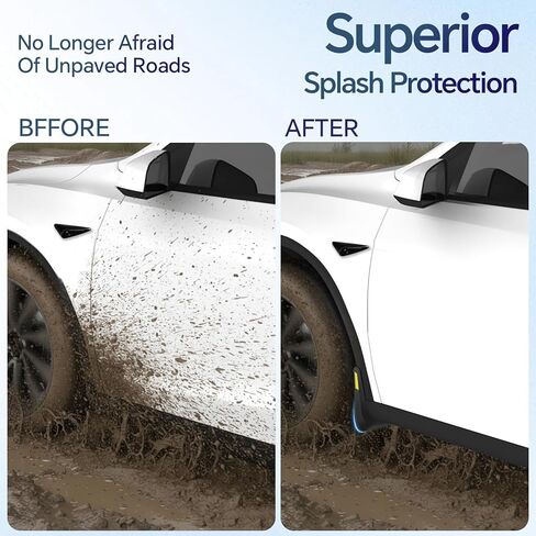 اللوحات الطينية من Farmogo لملحقات Tesla Model Y Juniper 2025 2026 - [مع شريط تحذير أصفر] لا تتطلب أدوات حفر للحماية من الرذاذ مناسبة لجميع الأحوال الجوية لملحقات Tesla Model Y باللون الأسود (مجموعة من 4) in Kuwait