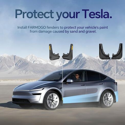 اللوحات الطينية من Farmogo لملحقات Tesla Model Y Juniper 2025 2026 - [مع شريط تحذير أصفر] لا تتطلب أدوات حفر للحماية من الرذاذ مناسبة لجميع الأحوال الجوية لملحقات Tesla Model Y باللون الأسود (مجموعة من 4) in Kuwait