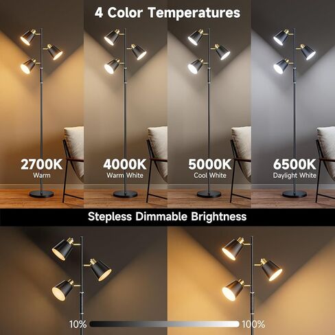 LED Tree Floor Lamp, 2500LM Super Bright Standing Lamp with Remote & Touch Control, 4 Color Temperatures, 3 Rotatable Lights, Modern Dimmable Floor Lamps for Living Room Bedroom Office in Saudi Arabia