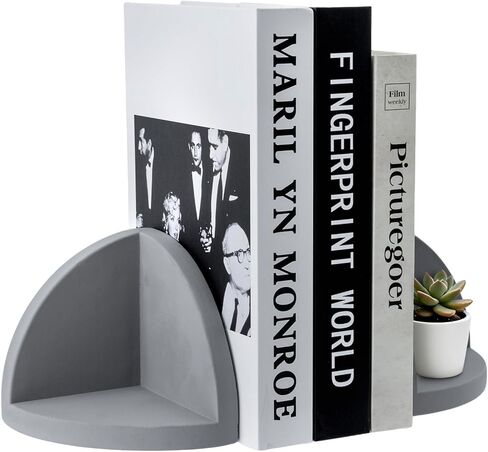 MyGift Bookends Decorative with Storage Space, Book Ends Heavy Duty for Shelves, Desk, Modern Gray Concrete Geometric Semi-Circle, Minimalist in Saudi Arabia
