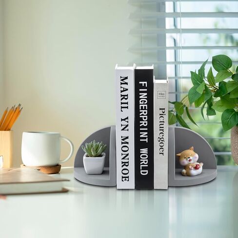 MyGift Bookends Decorative with Storage Space, Book Ends Heavy Duty for Shelves, Desk, Modern Gray Concrete Geometric Semi-Circle, Minimalist in Saudi Arabia