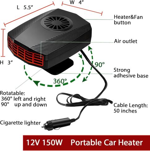 سخان سيارة 12 فولت (قابس ولاعة السجائر) - سخان سيارة قابل للدوران 360 درجة، سخان سيارة على لوحة القيادة 150 وات in Kuwait