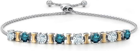 Gem Stone King 925 Silver and 10K Yellow Gold Sky Blue Aquamarine and Blue Diamond Bracelet For Women | 2.08 Cttw | Gemstone March Birthstone | Round 4MM | Adjustable up to 9 Inch in Saudi Arabia