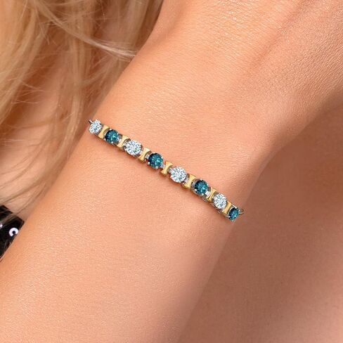 Gem Stone King 925 Silver and 10K Yellow Gold Sky Blue Aquamarine and Blue Diamond Bracelet For Women | 2.08 Cttw | Gemstone March Birthstone | Round 4MM | Adjustable up to 9 Inch in Saudi Arabia