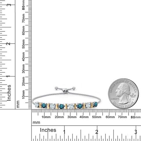 Gem Stone King 925 Silver and 10K Yellow Gold Sky Blue Aquamarine and Blue Diamond Bracelet For Women | 2.08 Cttw | Gemstone March Birthstone | Round 4MM | Adjustable up to 9 Inch in Saudi Arabia