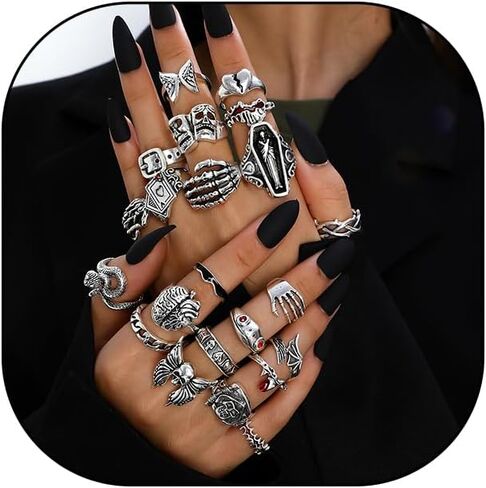 23Pcs Gothic Knuckle Joint Rings Set for Women Retro Silver Stackable Finger Statement Rings Bohemian Hollow Carved Midi Jewelry Boho Halloween Skeleton Skull Snake Heart Chunky Stacking Rings Pack in Saudi Arabia
