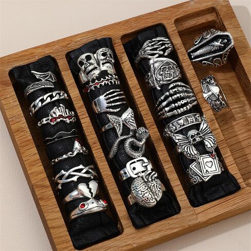 23Pcs Gothic Knuckle Joint Rings Set for Women Retro Silver Stackable Finger Statement Rings Bohemian Hollow Carved Midi Jewelry Boho Halloween Skeleton Skull Snake Heart Chunky Stacking Rings Pack in Saudi Arabia
