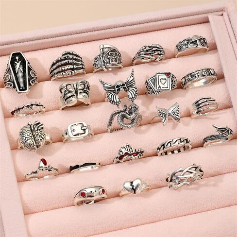 23Pcs Gothic Knuckle Joint Rings Set for Women Retro Silver Stackable Finger Statement Rings Bohemian Hollow Carved Midi Jewelry Boho Halloween Skeleton Skull Snake Heart Chunky Stacking Rings Pack in Saudi Arabia