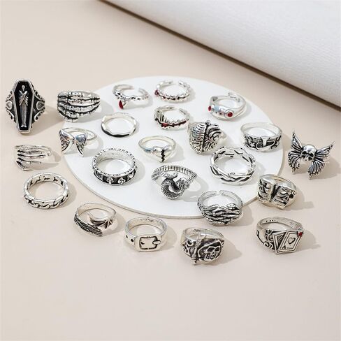 23Pcs Gothic Knuckle Joint Rings Set for Women Retro Silver Stackable Finger Statement Rings Bohemian Hollow Carved Midi Jewelry Boho Halloween Skeleton Skull Snake Heart Chunky Stacking Rings Pack in Saudi Arabia