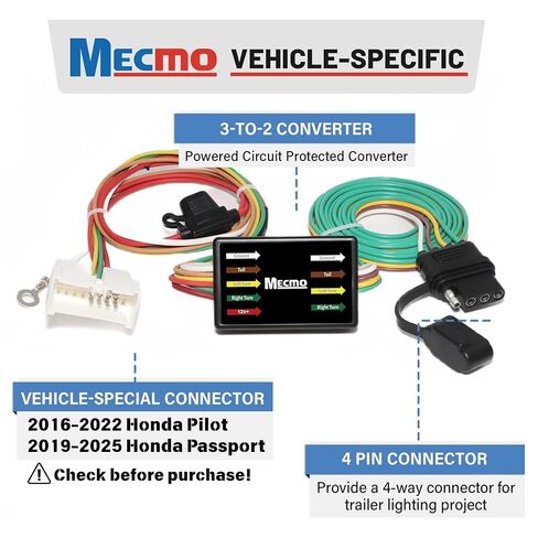 MECMO 4 Pin Trailer Wiring Harness for 2016-2022 Honda Pilot & 2019-2025 Honda Passport, Towing Hitch Wire T-Connector for Trailer Light Connect, Factory Tow Package Required in Saudi Arabia