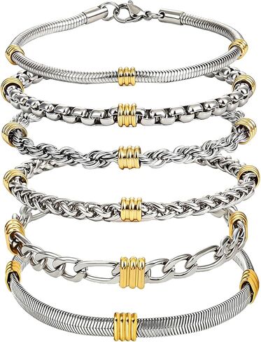 ZhiRui 6 Pcs Stainless Steel Bracelets for Men gold silver chain Stackable Waterproof Bracelets 8.3 inch Ideal Valentine's Day and Father's Day Gift for Men in Saudi Arabia