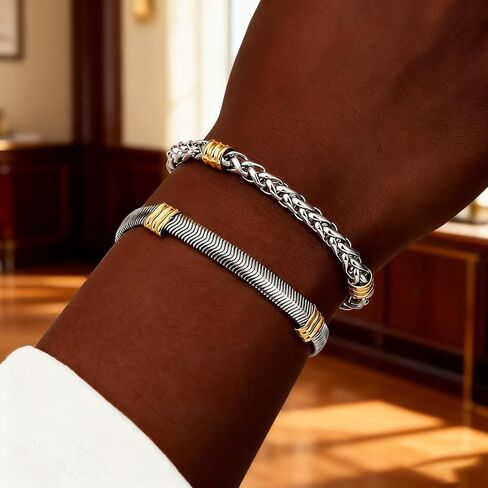 ZhiRui 6 Pcs Stainless Steel Bracelets for Men gold silver chain Stackable Waterproof Bracelets 8.3 inch Ideal Valentine's Day and Father's Day Gift for Men in Saudi Arabia