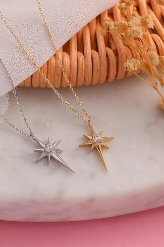 14K Real Gold North Star Necklace, Dainty Custom North Star Pendant, Minimalist Gold Celestial Necklace, Valentines Day Gift in Saudi Arabia