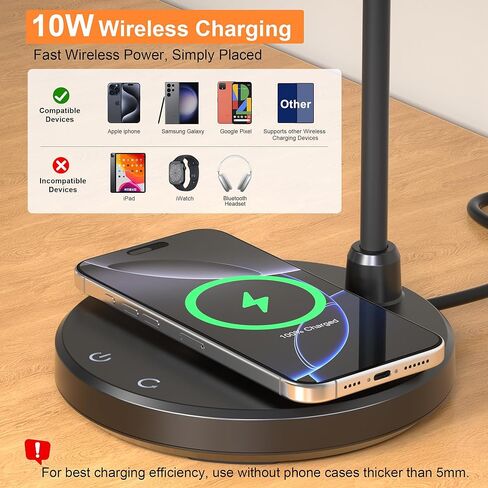 مصابيح مكتبية للمكتب المنزلي - مصباح مكتبي LED مع شاحن لاسلكي، 3 أوضاع ألوان خافتة للضوء لمكتب القراءة للدراسة والعناية بالعين، مصباح طاولة صغير مرن بذراع لغرفة النوم الجامعية بجانب السرير، أسود in Kuwait