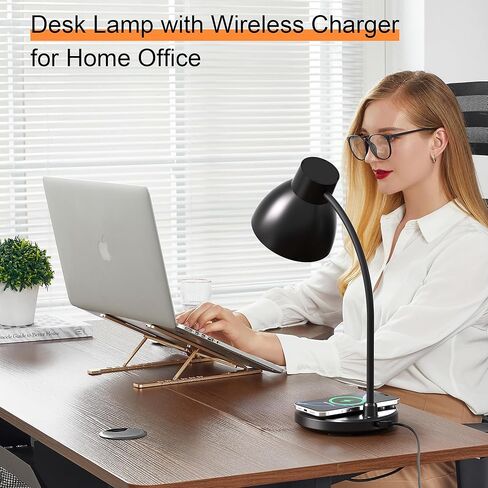 مصابيح مكتبية للمكتب المنزلي - مصباح مكتبي LED مع شاحن لاسلكي، 3 أوضاع ألوان خافتة للضوء لمكتب القراءة للدراسة والعناية بالعين، مصباح طاولة صغير مرن بذراع لغرفة النوم الجامعية بجانب السرير، أسود in Kuwait