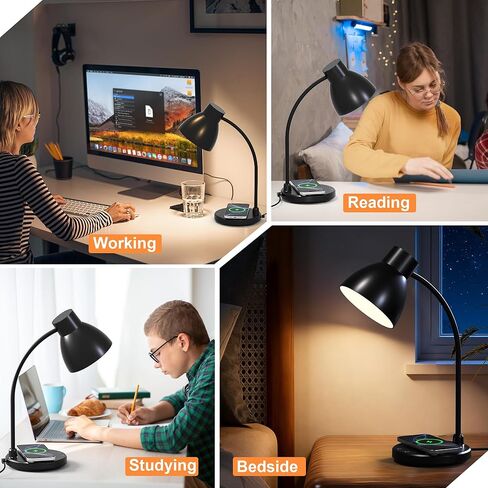 مصابيح مكتبية للمكتب المنزلي - مصباح مكتبي LED مع شاحن لاسلكي، 3 أوضاع ألوان خافتة للضوء لمكتب القراءة للدراسة والعناية بالعين، مصباح طاولة صغير مرن بذراع لغرفة النوم الجامعية بجانب السرير، أسود in Kuwait