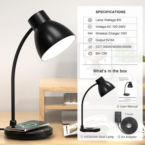 مصابيح مكتبية للمكتب المنزلي - مصباح مكتبي LED مع شاحن لاسلكي، 3 أوضاع ألوان خافتة للضوء لمكتب القراءة للدراسة والعناية بالعين، مصباح طاولة صغير مرن بذراع لغرفة النوم الجامعية بجانب السرير، أسود in Kuwait