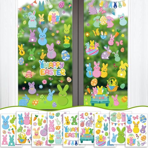 ملصقات نافذة عيد الفصح السعيدة من DPKOW للنوافذ الزجاجية، 9 أوراق ملصقات نافذة على شكل أرنب، ملصقات بيضة أرنب، ملصقات زنبركية، ديكورات عيد الفصح، ديكور أرنب الربيع، على الوجهين، قابلة للإزالة وإعادة الاستخدام in Kuwait