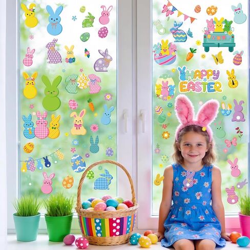 ملصقات نافذة عيد الفصح السعيدة من DPKOW للنوافذ الزجاجية، 9 أوراق ملصقات نافذة على شكل أرنب، ملصقات بيضة أرنب، ملصقات زنبركية، ديكورات عيد الفصح، ديكور أرنب الربيع، على الوجهين، قابلة للإزالة وإعادة الاستخدام in Kuwait