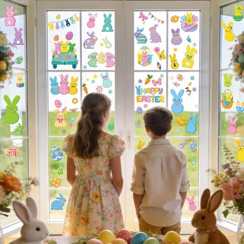 ملصقات نافذة عيد الفصح السعيدة من DPKOW للنوافذ الزجاجية، 9 أوراق ملصقات نافذة على شكل أرنب، ملصقات بيضة أرنب، ملصقات زنبركية، ديكورات عيد الفصح، ديكور أرنب الربيع، على الوجهين، قابلة للإزالة وإعادة الاستخدام in Kuwait