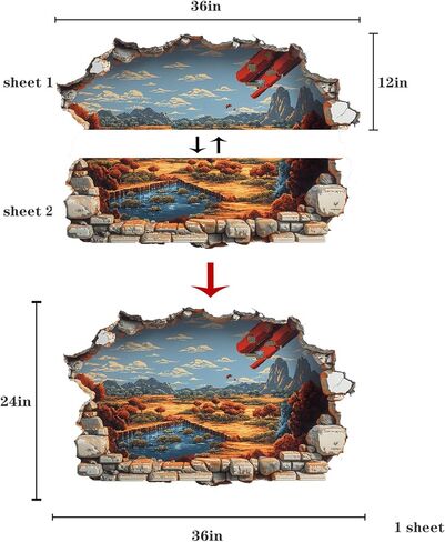 AMAZING WALL Fake Window Wall Sticker Pixel Scenic Valley Landscape Peel and Stick Window Illusion Wall Decal Removable Vinyl Home Room Decor 3D Effect,24x36in/2PCS in Saudi Arabia