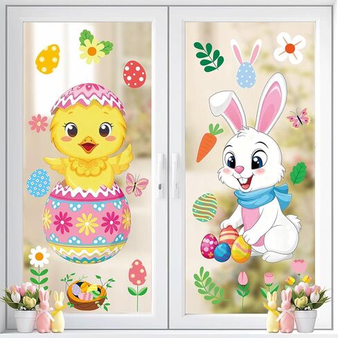 AnyDesign Easter Window Cling Stickers Large Window Decals Cartoon Bunny Rabbit Chick Egg Reusable Decoration for Spring Party Shop Home Classroom, 2 Sheets in Saudi Arabia