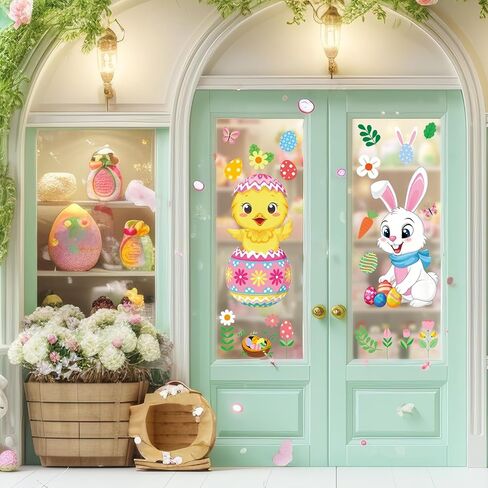 AnyDesign Easter Window Cling Stickers Large Window Decals Cartoon Bunny Rabbit Chick Egg Reusable Decoration for Spring Party Shop Home Classroom, 2 Sheets in Saudi Arabia