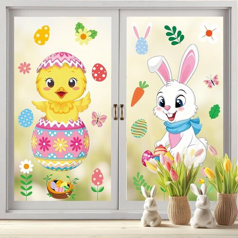 AnyDesign Easter Window Cling Stickers Large Window Decals Cartoon Bunny Rabbit Chick Egg Reusable Decoration for Spring Party Shop Home Classroom, 2 Sheets in Saudi Arabia