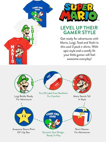 Super Mario Shirt 3 Pack, Mario, Luigi and Yoshi Boys Shirt, Cotton Boys Tee Shirts, Short Sleeve Gamer Kids Tshirt in Saudi Arabia