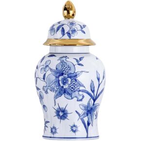 Antique Blue and White Ceramic Ginger Jar 14.15" H - Hand-Painted Pomegranate Floral Vase for Centerpieces, Elegant Interior Design Temple Jar Set for Home Décor Accents in Saudi Arabia