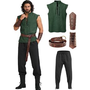 زي عصر النهضة الرجالي من Verceco 4 قطع - قميص بأربطة من العصور الوسطى، وسروال للكاحل، وحزام ودعامات جلدية لأزياء LARP التنكرية in Kuwait