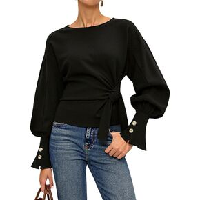 Twist Knot Tie Front Sweatshirt Tops For Women Long Balloon Sleeve Crew Neck Pullover Casual Fall Outfits in Kuwait