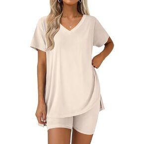 Ekouaer Pajamas for Womens Set 2 Piece Lounge Set Lightweight Summer Pjs Biker Shorts Sets V-Neck Tops Matching Outfits Set in Kuwait