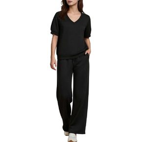 Women’s 2 Piece Lounge Sets, Summer V Neck Short Sleeve Tops & Wide Leg Sweatpants in Saudi Arabia