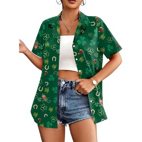 تي شيرت نسائي لعيد القديس باتريك، تي شيرت St Paddy، تي شيرت Lucky Shamrock Graphic، تي شيرت هاواي بأزرار سفلية، بلوزة علوية in Kuwait
