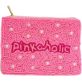 Ladies Pinkaholic Beaded Coin Purse - Pink Zipper Pouch with Pearl Accents, Handmade Beaded Accessory for Pink Lovers in Saudi Arabia