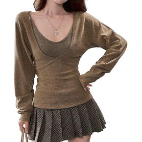 Womens Y2K Strap 2 Piece Sweatshirts Casual Knitted Long Sleeve Inner Tops Soft Slim Fit Layered Aesthetic Tee in Saudi Arabia