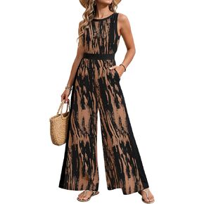 جمبسوت نسائي أنيق صيفي برقبة دائرية كاجوال بدون أكمام من قطعة واحدة مزين بالزهور وواسع الساق وطويل وجيوب رومبير in Kuwait