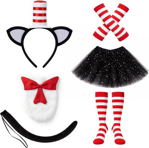 6 Pcs Cat Costume Cat Ears Headband Bow Tail Tutu Skirt Tail Gloves Socks for Halloween Dress Up Red in Saudi Arabia