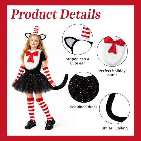6 Pcs Cat Costume Cat Ears Headband Bow Tail Tutu Skirt Tail Gloves Socks for Halloween Dress Up Red in Saudi Arabia