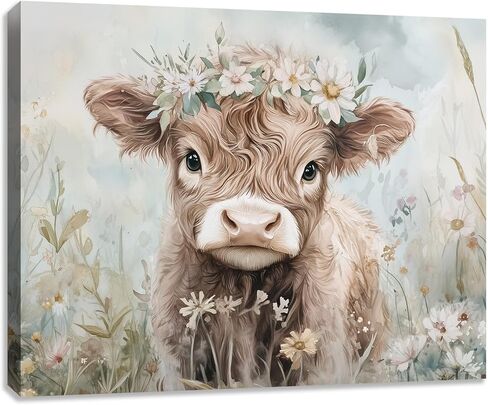 مضحك لطيف البقرة المرتفعات قماش جدار الفن المرتفعات الماشية صورة اللوحة جدار ديكور الزهور الحيوانات ملصق طباعة العمل الفني الديكور لمزرعة غرفة المعيشة غرفة نوم ديكور المنزل 16L × 12W in Kuwait