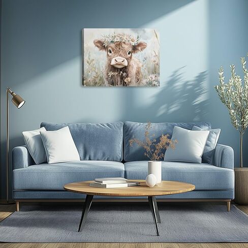 مضحك لطيف البقرة المرتفعات قماش جدار الفن المرتفعات الماشية صورة اللوحة جدار ديكور الزهور الحيوانات ملصق طباعة العمل الفني الديكور لمزرعة غرفة المعيشة غرفة نوم ديكور المنزل 16L × 12W in Kuwait