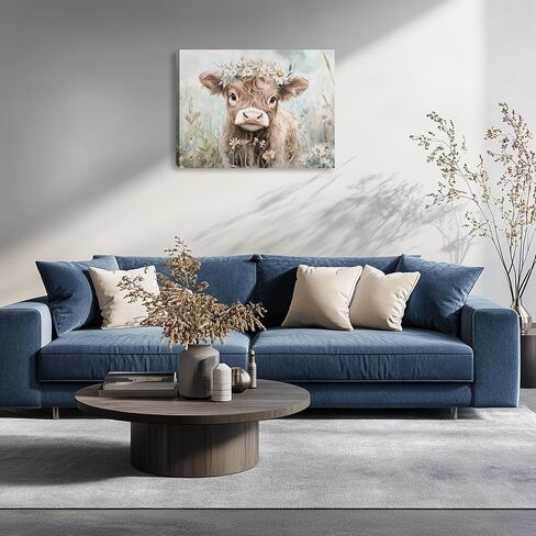 مضحك لطيف البقرة المرتفعات قماش جدار الفن المرتفعات الماشية صورة اللوحة جدار ديكور الزهور الحيوانات ملصق طباعة العمل الفني الديكور لمزرعة غرفة المعيشة غرفة نوم ديكور المنزل 16L × 12W in Kuwait