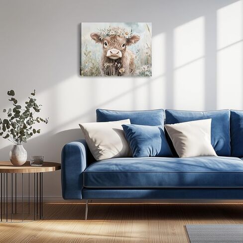 مضحك لطيف البقرة المرتفعات قماش جدار الفن المرتفعات الماشية صورة اللوحة جدار ديكور الزهور الحيوانات ملصق طباعة العمل الفني الديكور لمزرعة غرفة المعيشة غرفة نوم ديكور المنزل 16L × 12W in Kuwait
