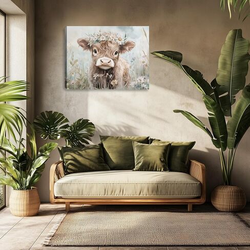 مضحك لطيف البقرة المرتفعات قماش جدار الفن المرتفعات الماشية صورة اللوحة جدار ديكور الزهور الحيوانات ملصق طباعة العمل الفني الديكور لمزرعة غرفة المعيشة غرفة نوم ديكور المنزل 16L × 12W in Kuwait