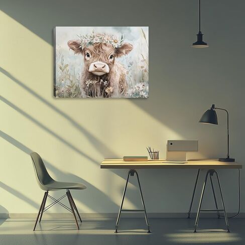 مضحك لطيف البقرة المرتفعات قماش جدار الفن المرتفعات الماشية صورة اللوحة جدار ديكور الزهور الحيوانات ملصق طباعة العمل الفني الديكور لمزرعة غرفة المعيشة غرفة نوم ديكور المنزل 16L × 12W in Kuwait