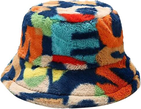 Unisex Winter Bucket Hat Warm Faux Fur Fuzzy Plush Fashion Colorful Digital Print Fisherman Hats Travel Bucket Caps in Saudi Arabia