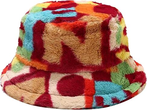 Unisex Winter Bucket Hat Warm Faux Fur Fuzzy Plush Fashion Colorful Digital Print Fisherman Hats Travel Bucket Caps in Saudi Arabia