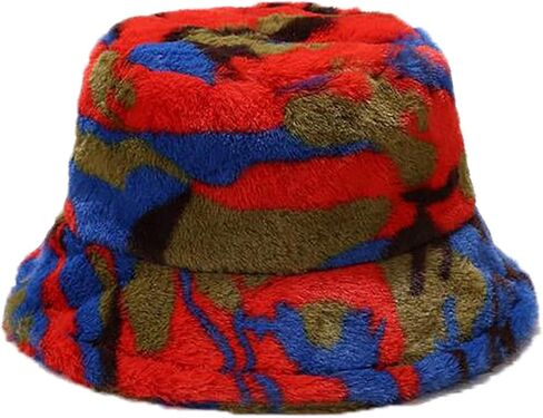Unisex Winter Bucket Hat Warm Faux Fur Fuzzy Plush Fashion Colorful Digital Print Fisherman Hats Travel Bucket Caps in Saudi Arabia